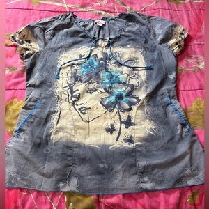 Koi Gray and Blue Artistic Women's Scrub Top